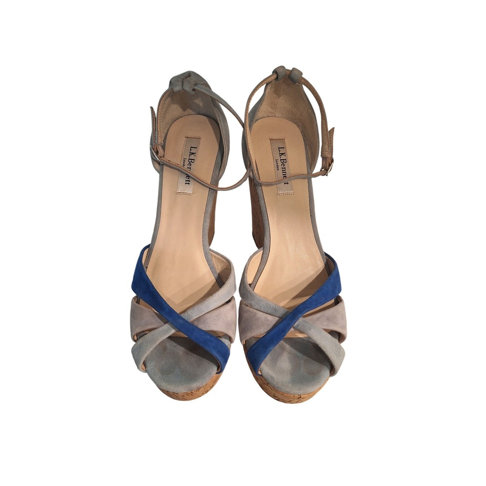 L.K. Bennett Light Blue Suede Wedge Cork Ankle Strap Sandals Size 9